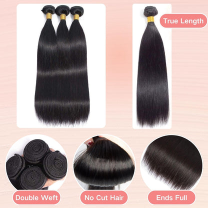 12A Human Hair Bundles - Straight 14 Inch 100% Unprocessed Brazilian Virgin Hair - Double Weft Weave - Natural Black Color Human Hair Extensions