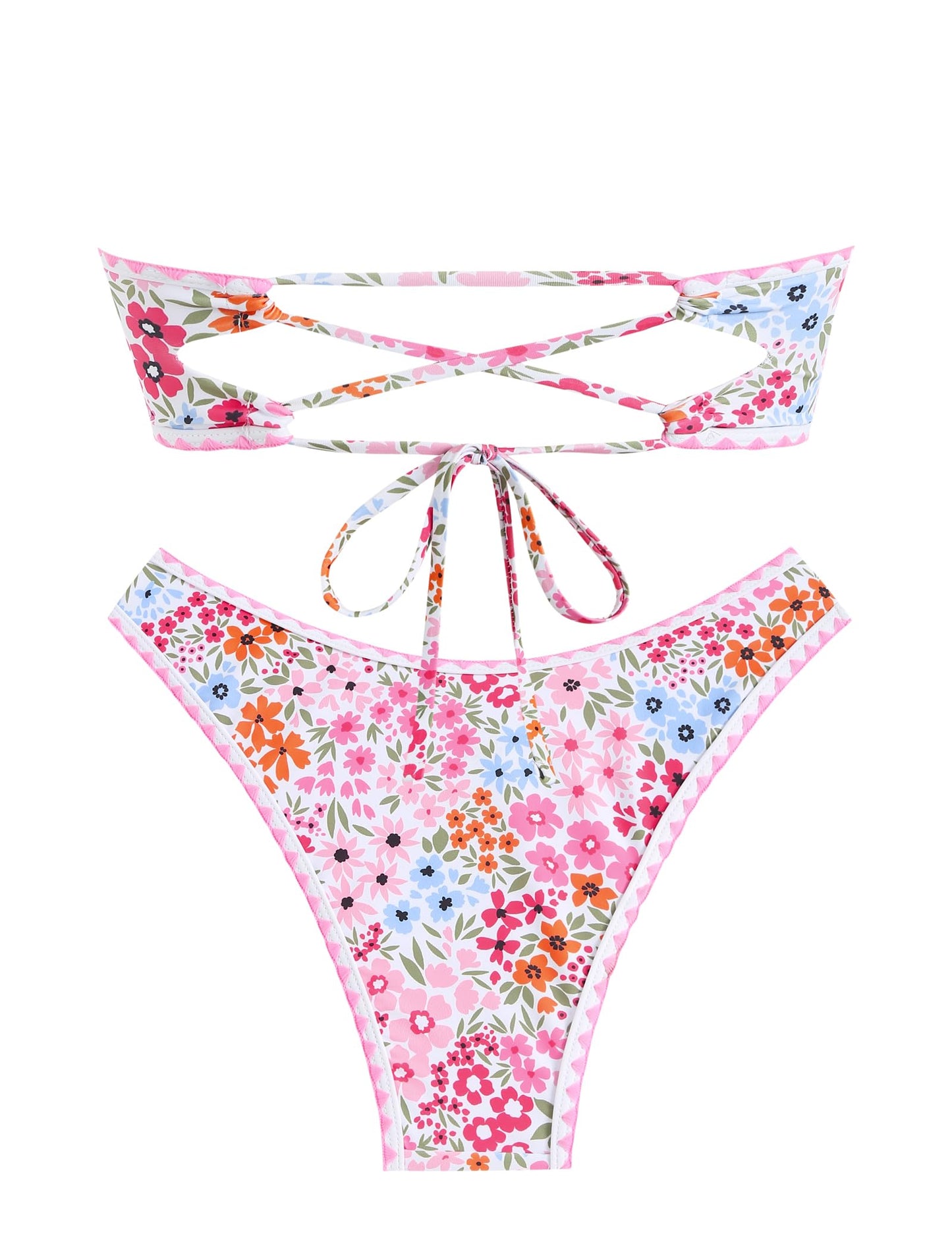 ZAFUL Women Strapless Bandeau Bikini U Wired Ruched 2 Piece Swimwear Cheeky Lace up Bathing Suits