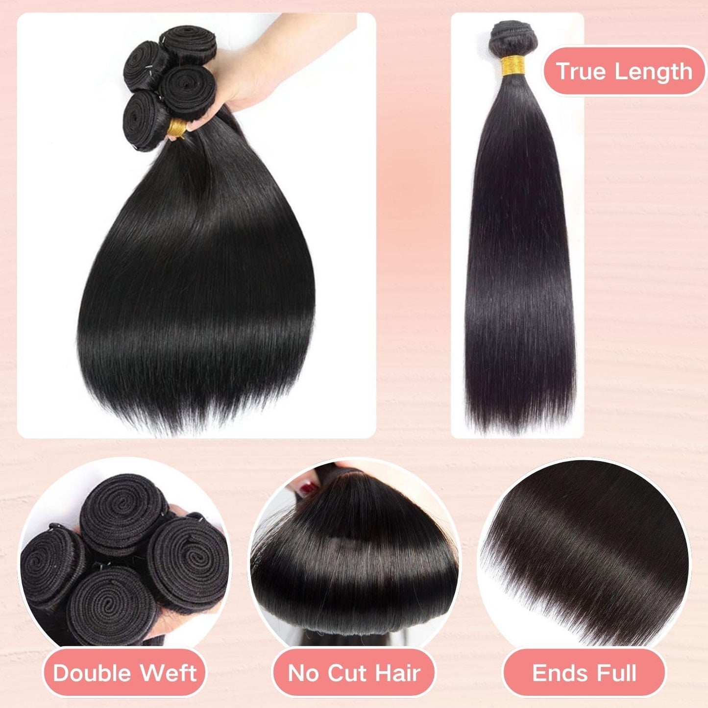 12A Human Hair Bundles - Straight 14 Inch 100% Unprocessed Brazilian Virgin Hair - Double Weft Weave - Natural Black Color Human Hair Extensions