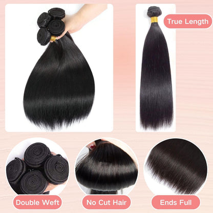 12A Human Hair Bundles - Straight 14 Inch 100% Unprocessed Brazilian Virgin Hair - Double Weft Weave - Natural Black Color Human Hair Extensions