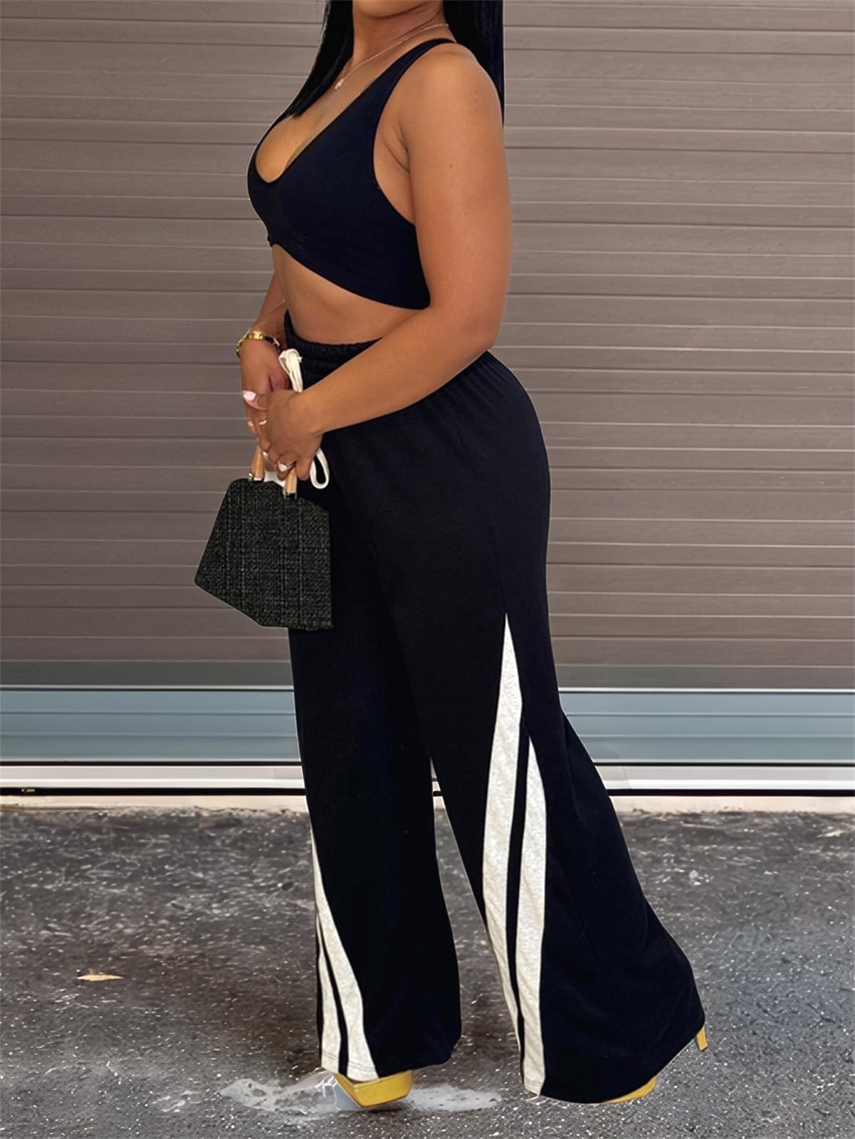 Patchwork Pants for Women High Waist Straight Wide Leg Sweatpants Color Block Striped Track Loose Pants