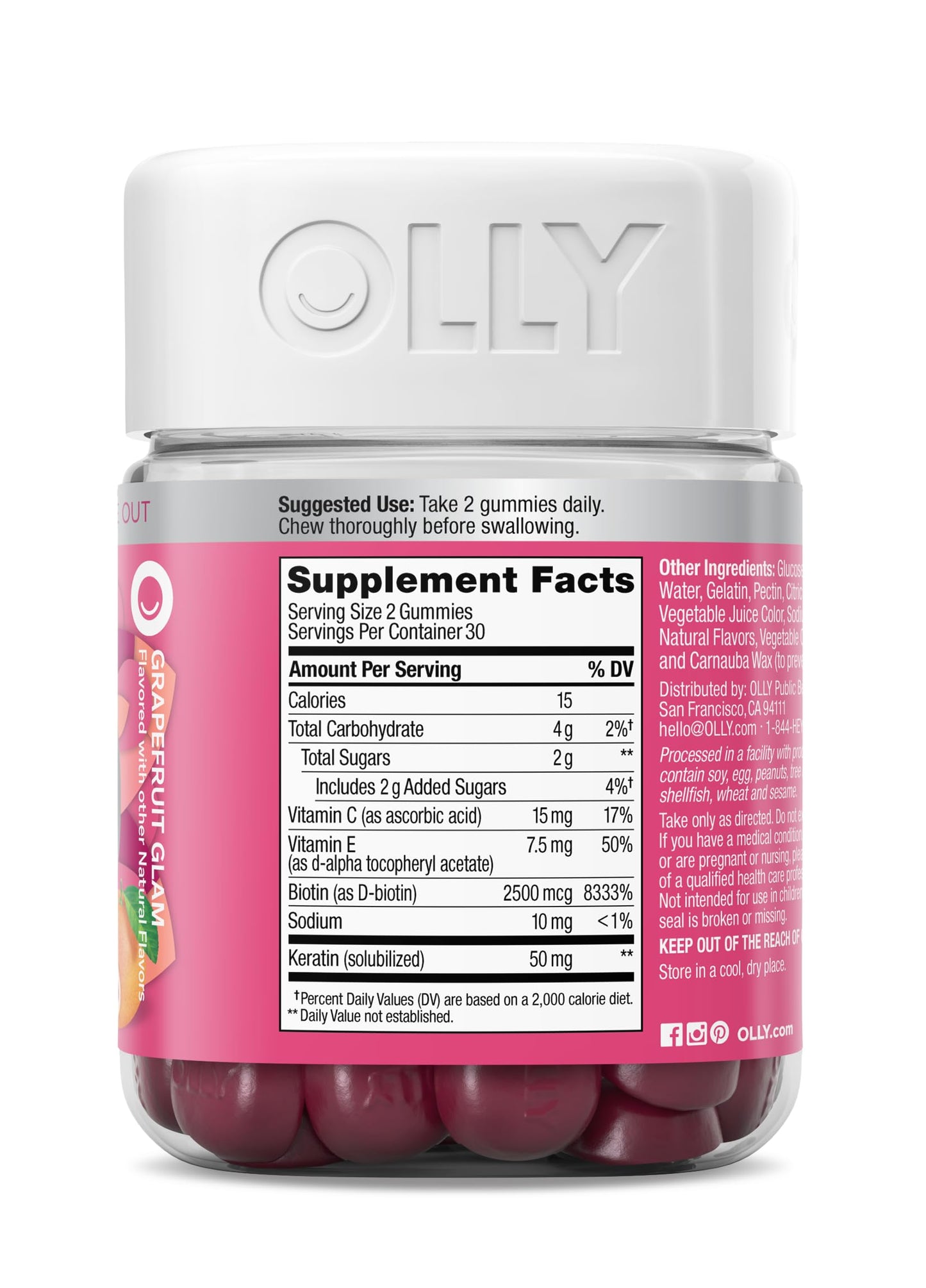 OLLY Undeniable Beauty Gummy, for Hair, Skin, Nails, Biotin, Vitamin C, Keratin, Chewable Supplement, Grapefruit, 30 Day Supply - 120 Count