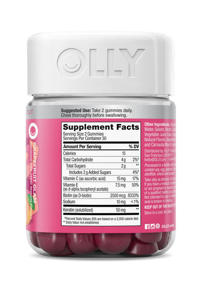 OLLY Undeniable Beauty Gummy, for Hair, Skin, Nails, Biotin, Vitamin C, Keratin, Chewable Supplement, Grapefruit, 30 Day Supply - 120 Count
