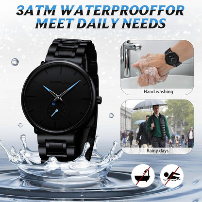 Mens Watches Ultra-Thin Minimalist Waterproof-Fashion Wrist Watch for Men Unisex Dress with Stainless Steel Band-Black Hands