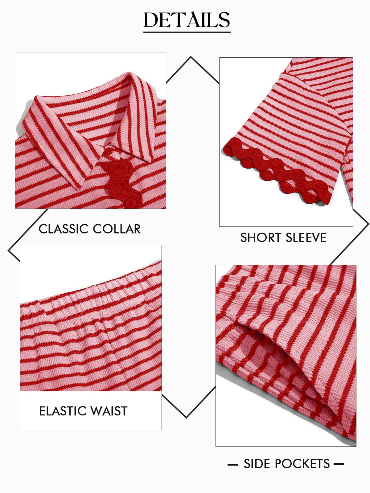 Tankaneo Womens 2 Piece Lounge Set Striped Outfits Short Sleeve Button Down Shirts and Shorts Summer Matching Sets