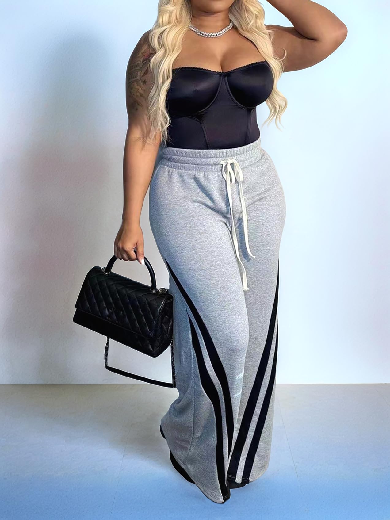 Patchwork Pants for Women High Waist Straight Wide Leg Sweatpants Color Block Striped Track Loose Pants
