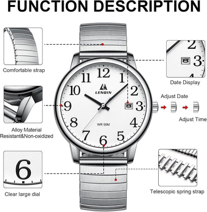 LN LENQIN Mens Watches Easy Read Analog Quartz Sport Waterproof Watch for Men with 38mm Stainless Steel Expansion Band and Glow Dial