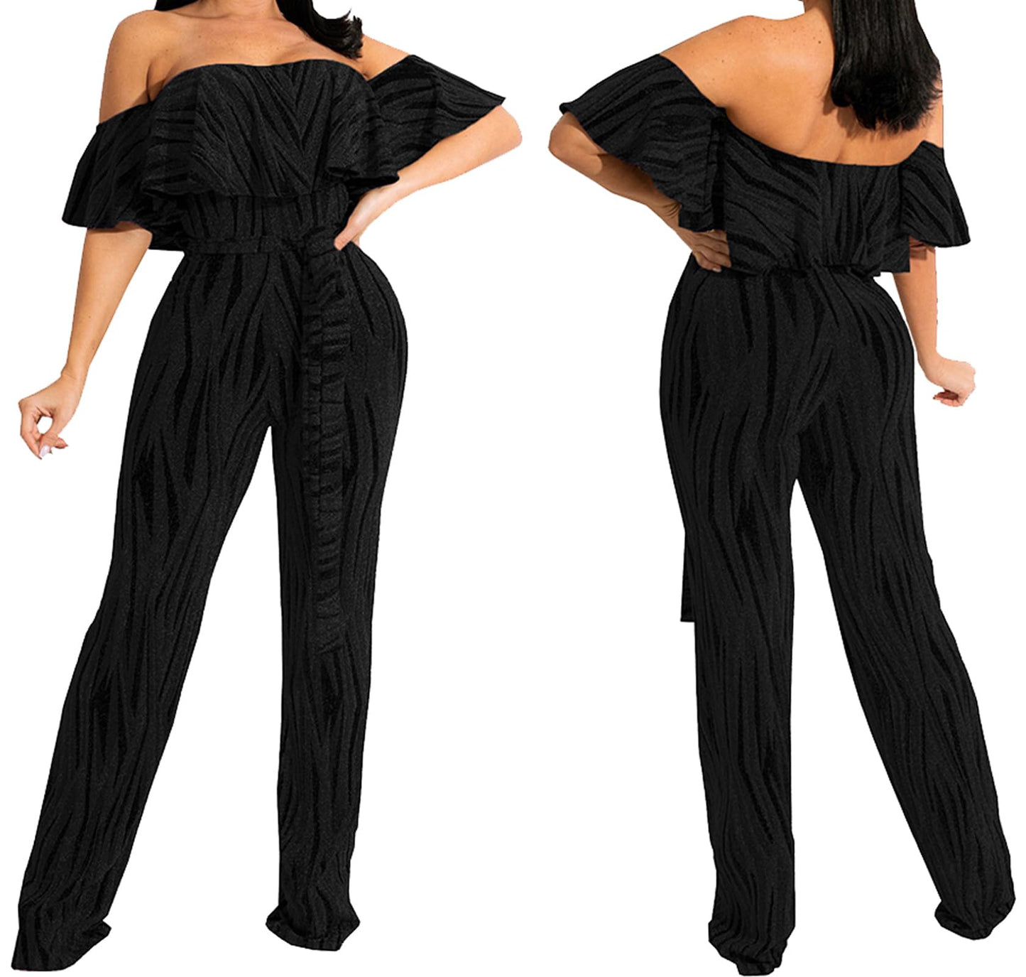 HugeNice Women's Sexy Off Shoulder Ruffle Jumpsuits Elegant Wide Leg Long Pants Clubwear Rompers with Pockets