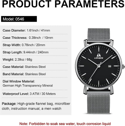 LN LENQIN Mens Watches Waterproof Stainless Steel Watch for Men Analog Quartz Fashion Business Designer Wristwatch