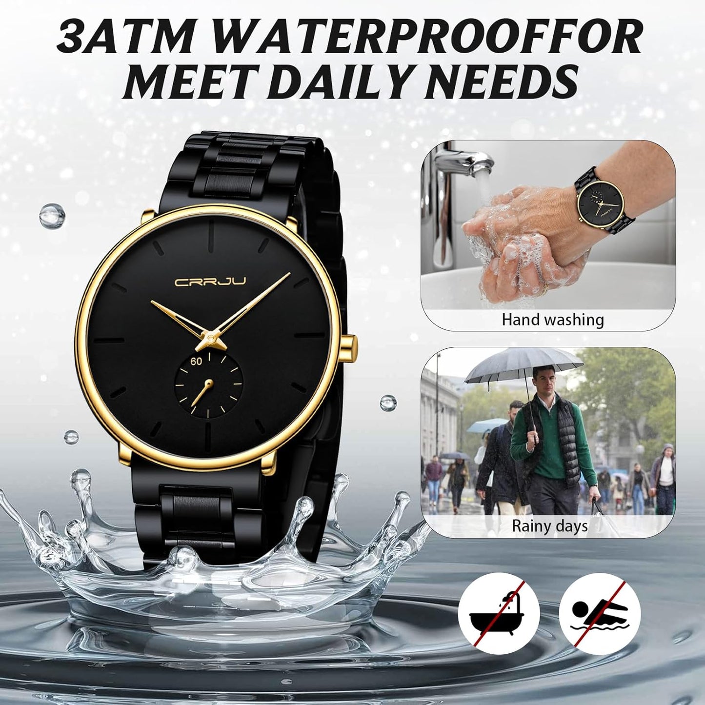 Mens Watches Ultra-Thin Minimalist Waterproof-Fashion Wrist Watch for Men Unisex Dress with Stainless Steel Band-Black Hands