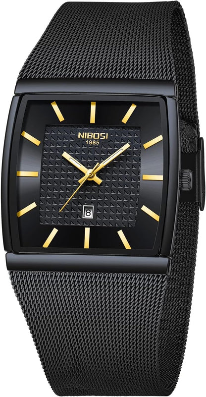 NIBOSI Men Watches Business Square Military Waterproof Sport Analog Quartz Wrist Watch for Men with Stainless Steel Mesh Strap Date Calendar
