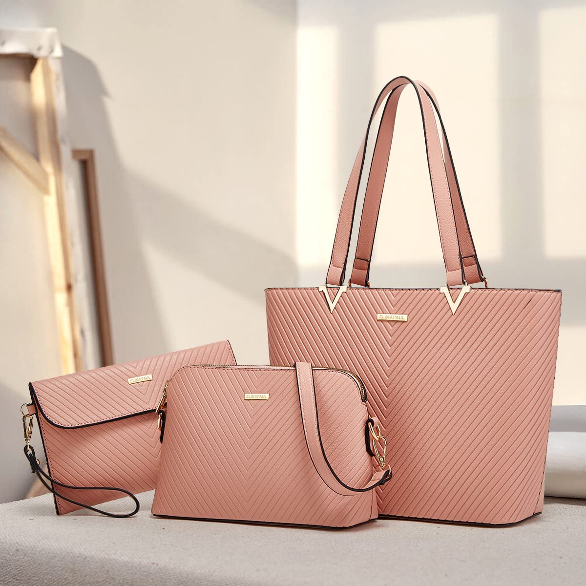 Women Fashion Synthetic Leather Handbags Tote Bag Shoulder Bag Top Handle Satchel Purse Set 4pcs