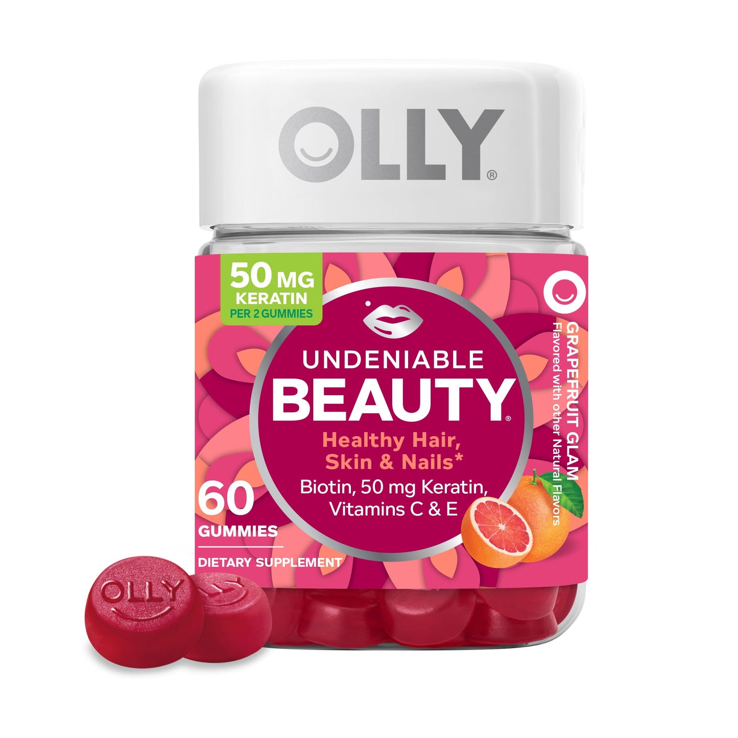 OLLY Undeniable Beauty Gummy, for Hair, Skin, Nails, Biotin, Vitamin C, Keratin, Chewable Supplement, Grapefruit, 30 Day Supply - 120 Count