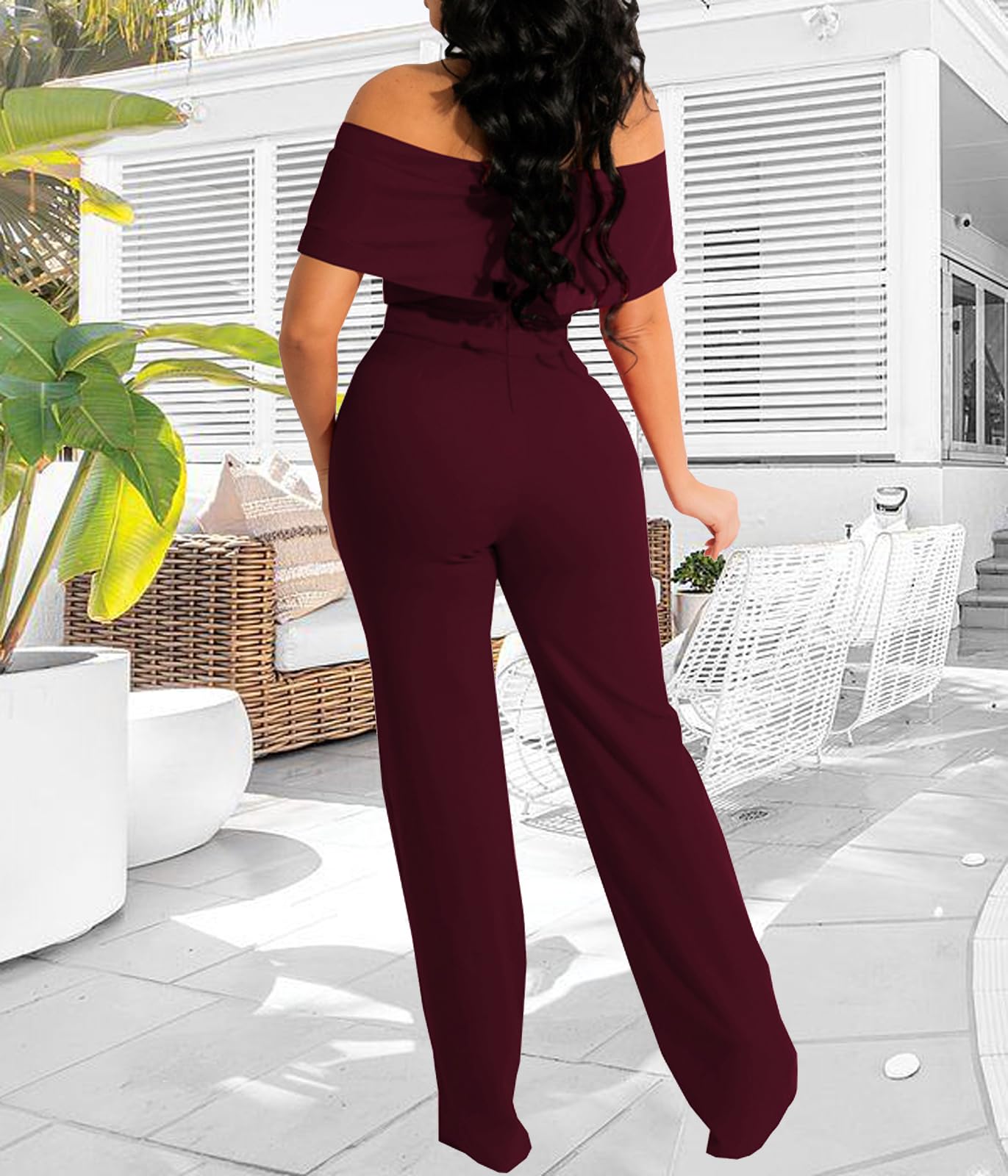 HugeNice Women's Sexy Off Shoulder Ruffle Jumpsuits Elegant Wide Leg Long Pants Clubwear Rompers with Pockets