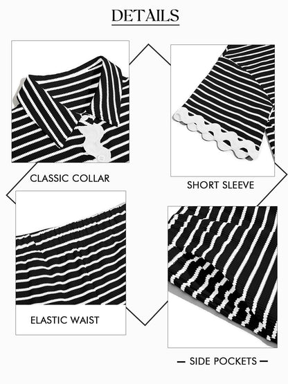 Tankaneo Womens 2 Piece Lounge Set Striped Outfits Short Sleeve Button Down Shirts and Shorts Summer Matching Sets