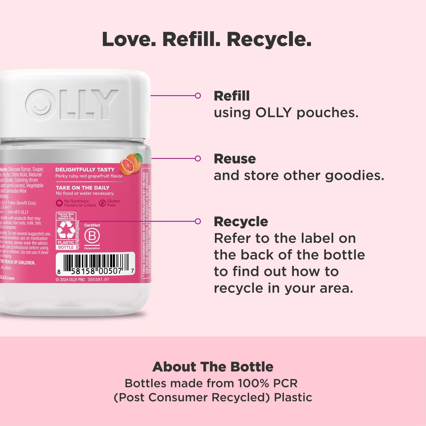 OLLY Undeniable Beauty Gummy, for Hair, Skin, Nails, Biotin, Vitamin C, Keratin, Chewable Supplement, Grapefruit, 30 Day Supply - 120 Count