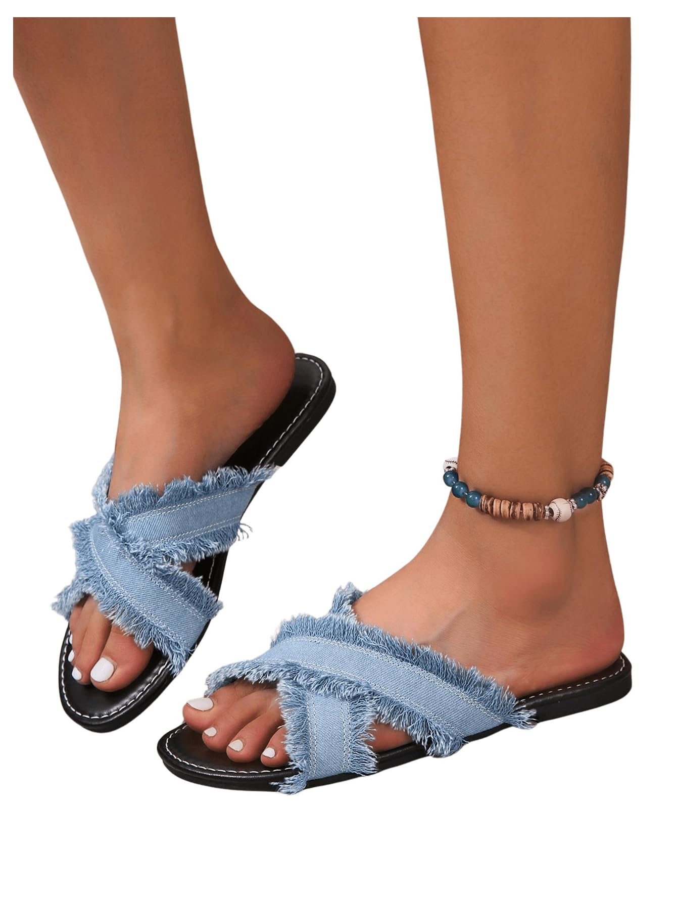 Verdusa Women's Criss Cross Denim Sandals Open Toe Slip On Slide Flats Sandal
