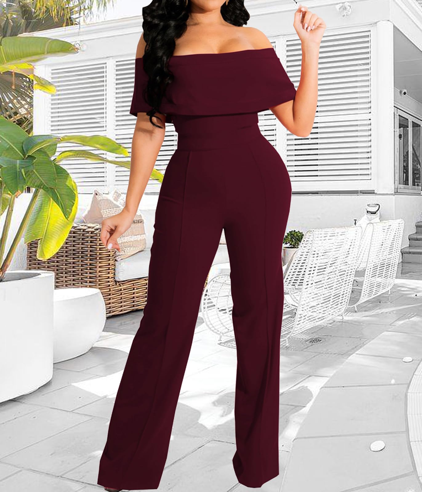 HugeNice Women's Sexy Off Shoulder Ruffle Jumpsuits Elegant Wide Leg Long Pants Clubwear Rompers with Pockets