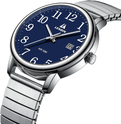 LN LENQIN Mens Watches Easy Read Analog Quartz Sport Waterproof Watch for Men with 38mm Stainless Steel Expansion Band and Glow Dial
