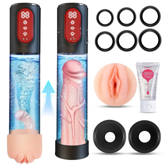 Electric Penis Vacuum & Water Pump - Penis Enlarge Extend Pump with 3 Suction Modes & 3 Intensities for Men Stronger Bigger Erections Adult Male Sex Toys with 6 Penis Rings and a Pocket Pussy