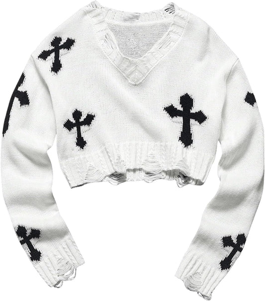 Girl's Gothic Graphic Sweater V Neck Ripped Pullover Sweater Distressed Long Sleeve Knit Crop Top