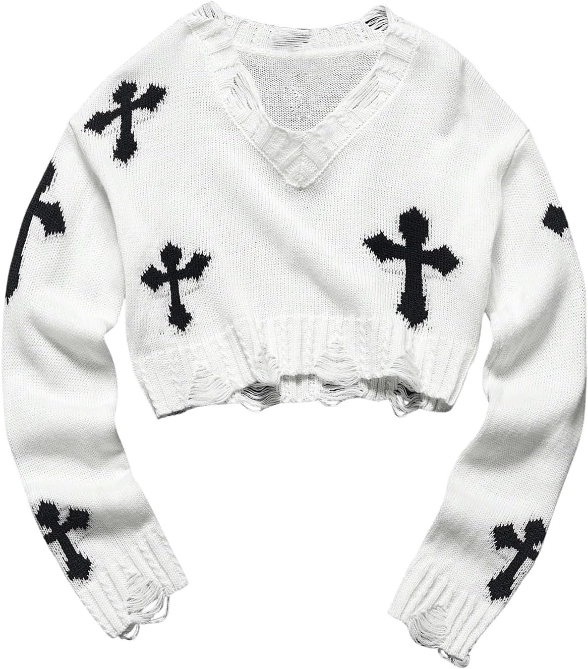 Girl's Gothic Graphic Sweater V Neck Ripped Pullover Sweater Distressed Long Sleeve Knit Crop Top