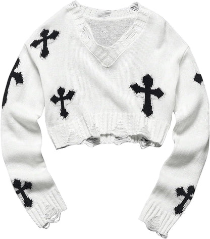 Girl's Gothic Graphic Sweater V Neck Ripped Pullover Sweater Distressed Long Sleeve Knit Crop Top