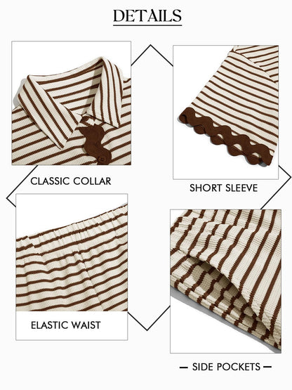 Tankaneo Womens 2 Piece Lounge Set Striped Outfits Short Sleeve Button Down Shirts and Shorts Summer Matching Sets