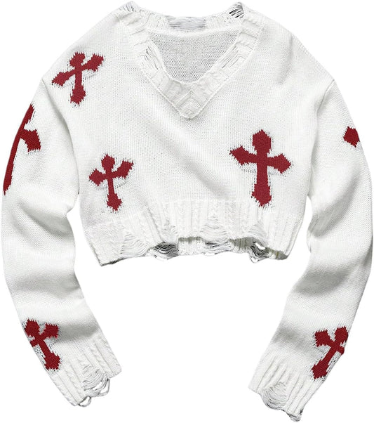 Girl's Gothic Graphic Sweater V Neck Ripped Pullover Sweater Distressed Long Sleeve Knit Crop Top