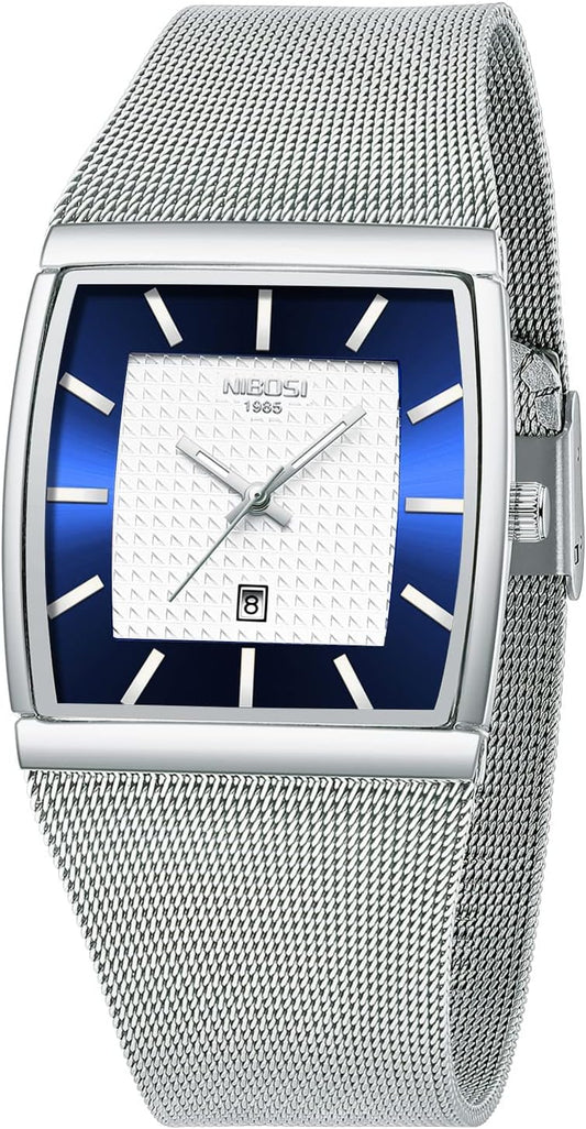 NIBOSI Men Watches Business Square Military Waterproof Sport Analog Quartz Wrist Watch for Men with Stainless Steel Mesh Strap Date Calendar
