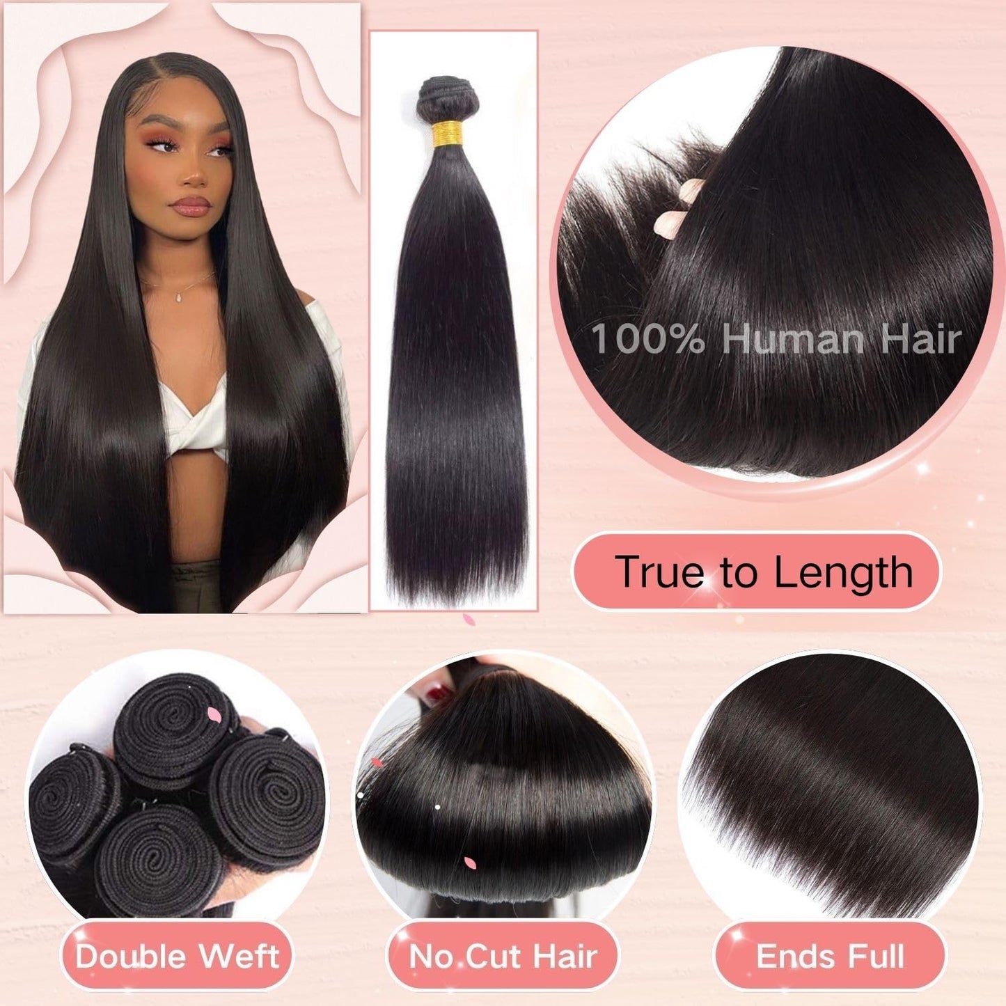 12A Human Hair Bundles - Straight 14 Inch 100% Unprocessed Brazilian Virgin Hair - Double Weft Weave - Natural Black Color Human Hair Extensions