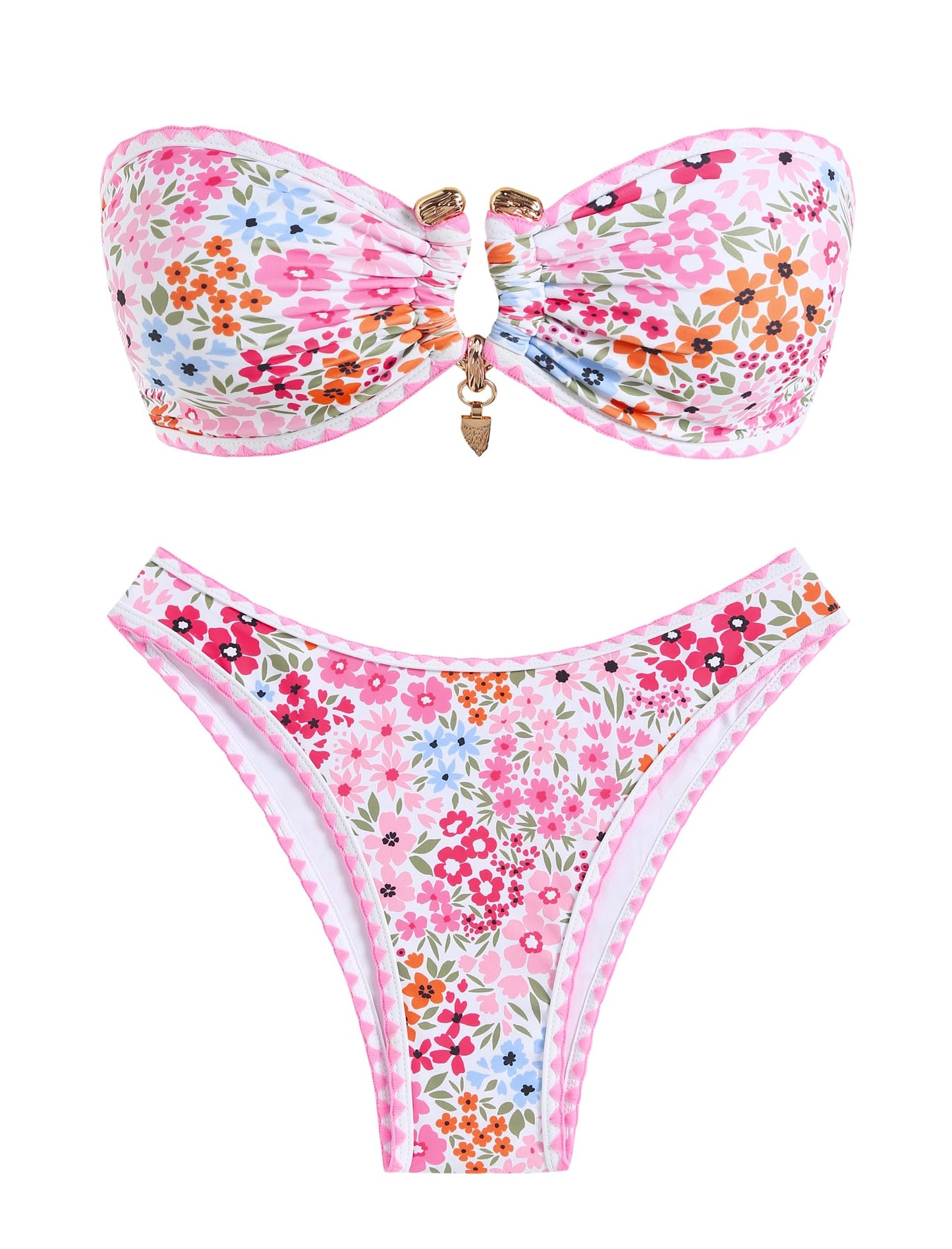 ZAFUL Women Strapless Bandeau Bikini U Wired Ruched 2 Piece Swimwear Cheeky Lace up Bathing Suits