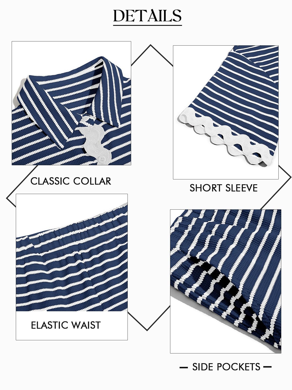 Tankaneo Womens 2 Piece Lounge Set Striped Outfits Short Sleeve Button Down Shirts and Shorts Summer Matching Sets