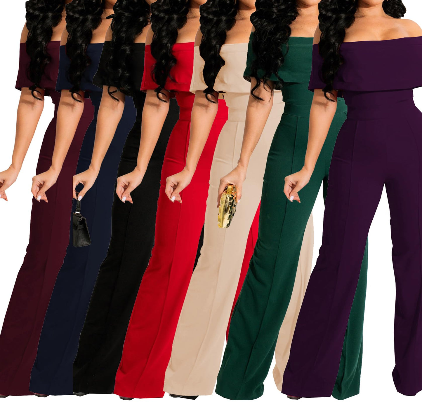 HugeNice Women's Sexy Off Shoulder Ruffle Jumpsuits Elegant Wide Leg Long Pants Clubwear Rompers with Pockets