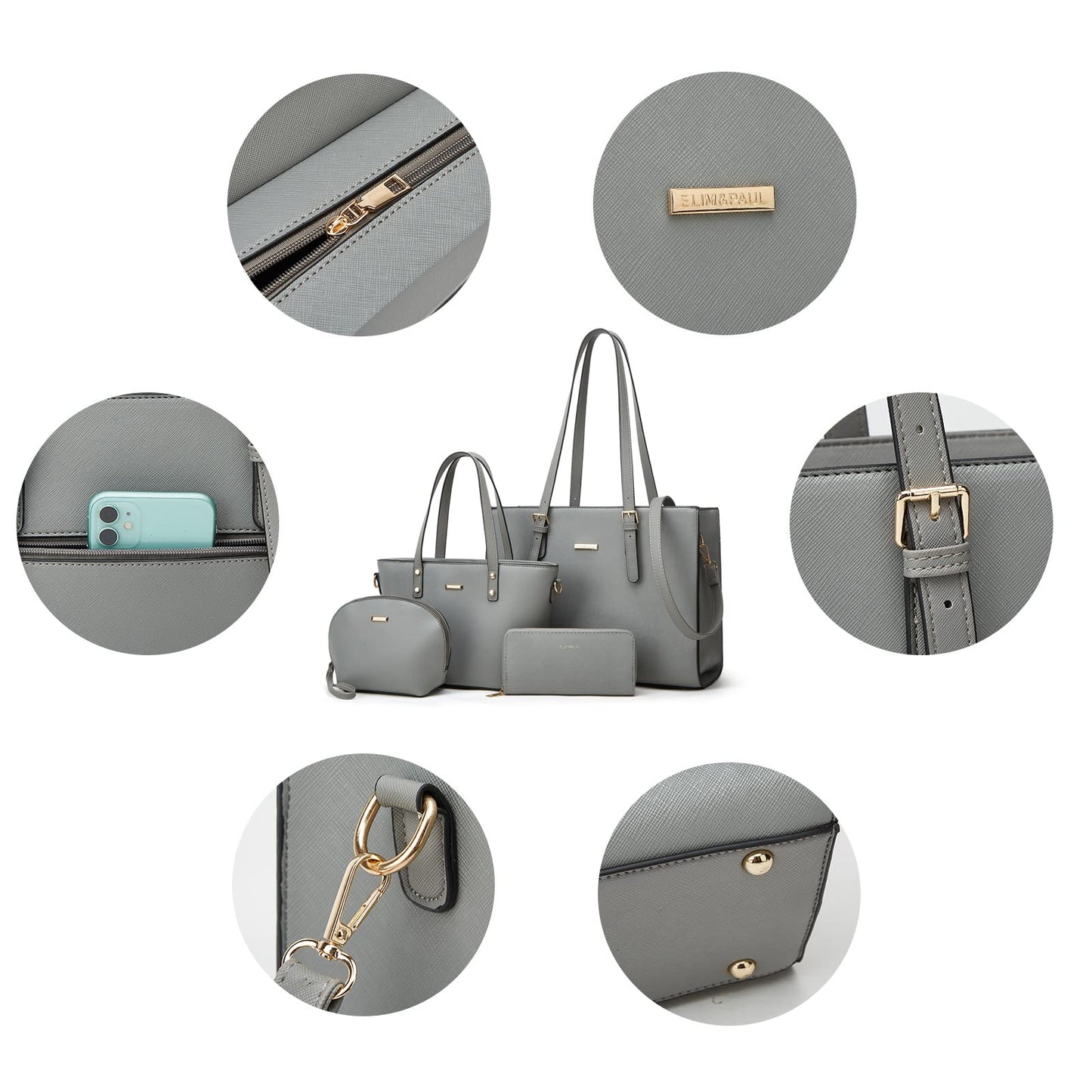 Women Fashion Synthetic Leather Handbags Tote Bag Shoulder Bag Top Handle Satchel Purse Set 4pcs