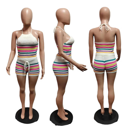 YOOTIKO Women Summer 2 Piece Shorts Set Sexy Crochet Cover Up Color Block Halter Top Beach Tracksuit