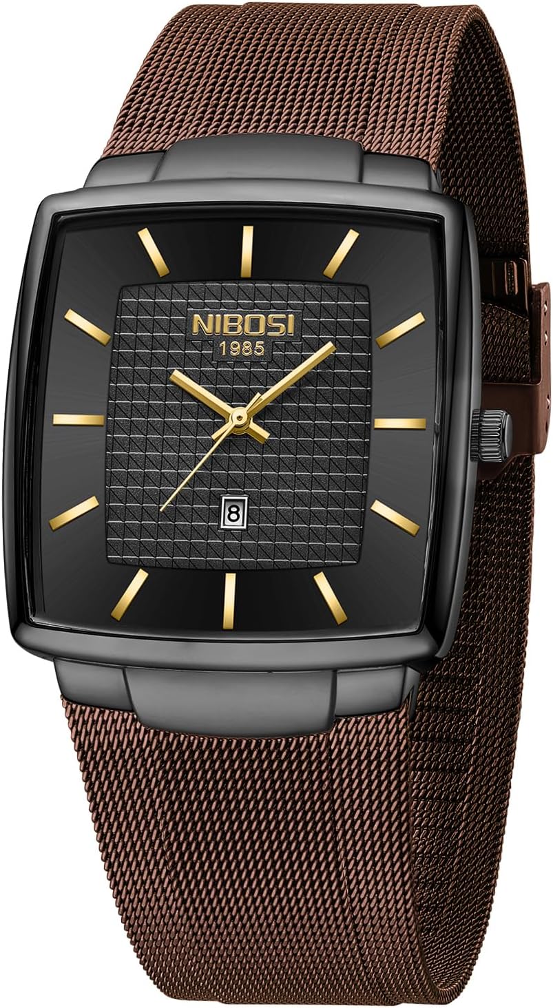 NIBOSI Men Watches Business Square Military Waterproof Sport Analog Quartz Wrist Watch for Men with Stainless Steel Mesh Strap Date Calendar
