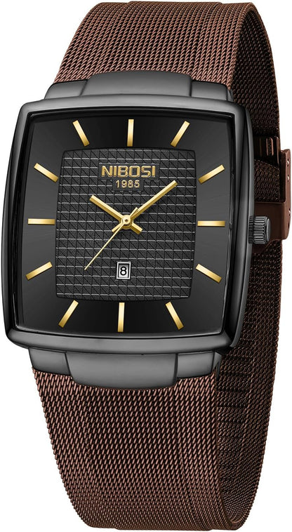 NIBOSI Men Watches Business Square Military Waterproof Sport Analog Quartz Wrist Watch for Men with Stainless Steel Mesh Strap Date Calendar