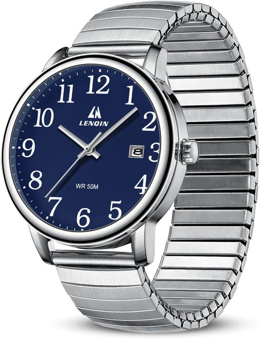 LN LENQIN Mens Watches Easy Read Analog Quartz Sport Waterproof Watch for Men with 38mm Stainless Steel Expansion Band and Glow Dial