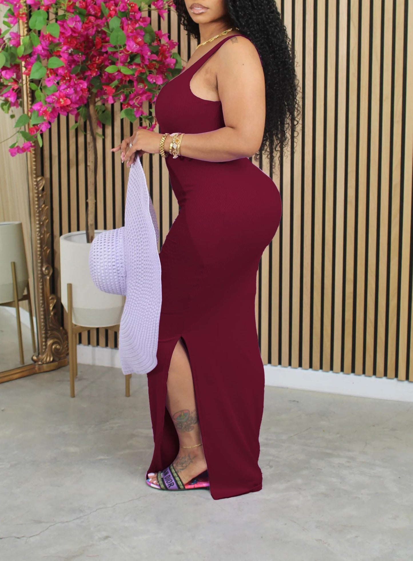 HBQ Women's Summer Bodycon Maxi Dress Sexy Sleeveless Side Slit Tank Party Club Ribbed Long Dress