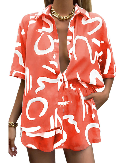 Women's 2 Piece Outfit Sets Summer Beach Casual Printed Shirts and Shorts Lounge Sets