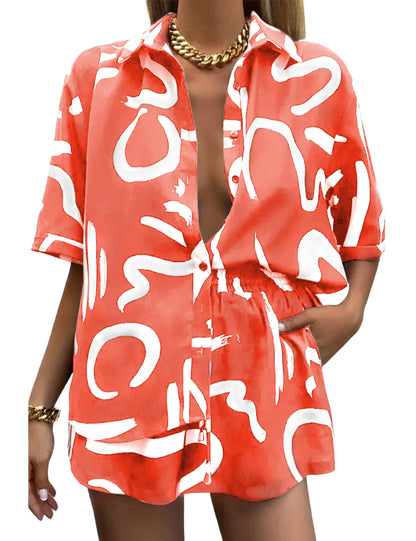 Women's 2 Piece Outfit Sets Summer Beach Casual Printed Shirts and Shorts Lounge Sets