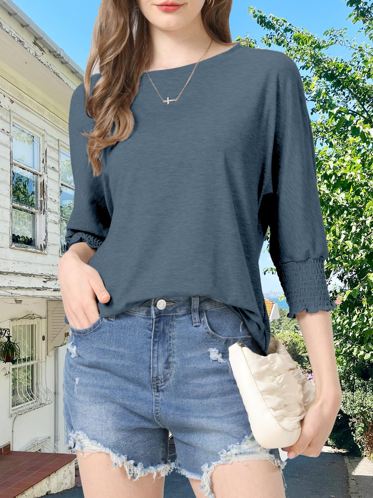 Womens Summer Blouse T-Shirts 3/4 Sleeve Tee Tops Crewneck Basic Business Tees Cute Loose Fit Going Out Shirts Blouses