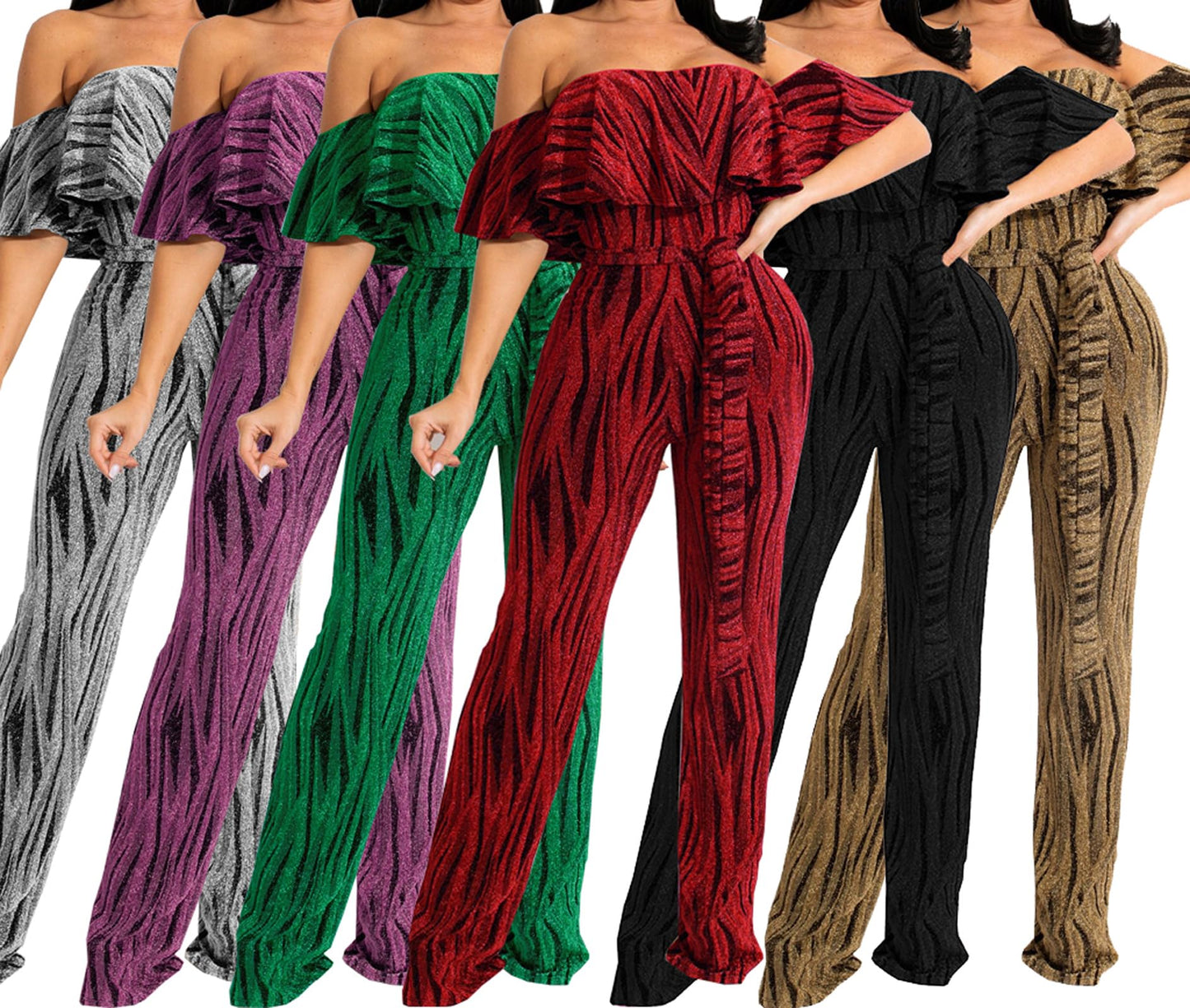 HugeNice Women's Sexy Off Shoulder Ruffle Jumpsuits Elegant Wide Leg Long Pants Clubwear Rompers with Pockets