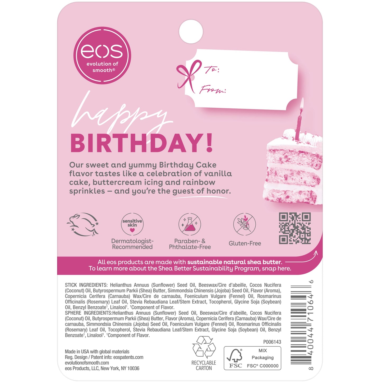 eos Natural Shea Lip Balm- Birthday Cake, All-Day Moisture Lip Care Products, 0.14 oz