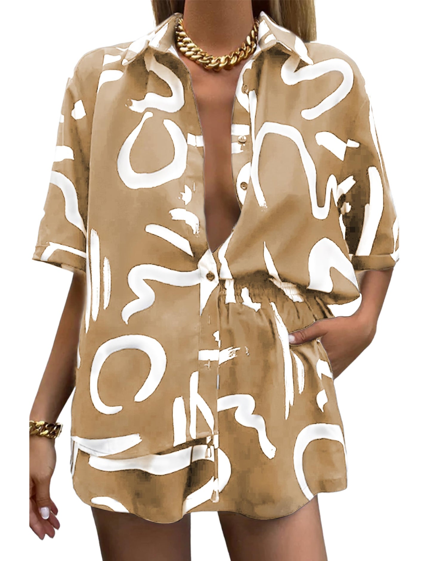 Women's 2 Piece Outfit Sets Summer Beach Casual Printed Shirts and Shorts Lounge Sets