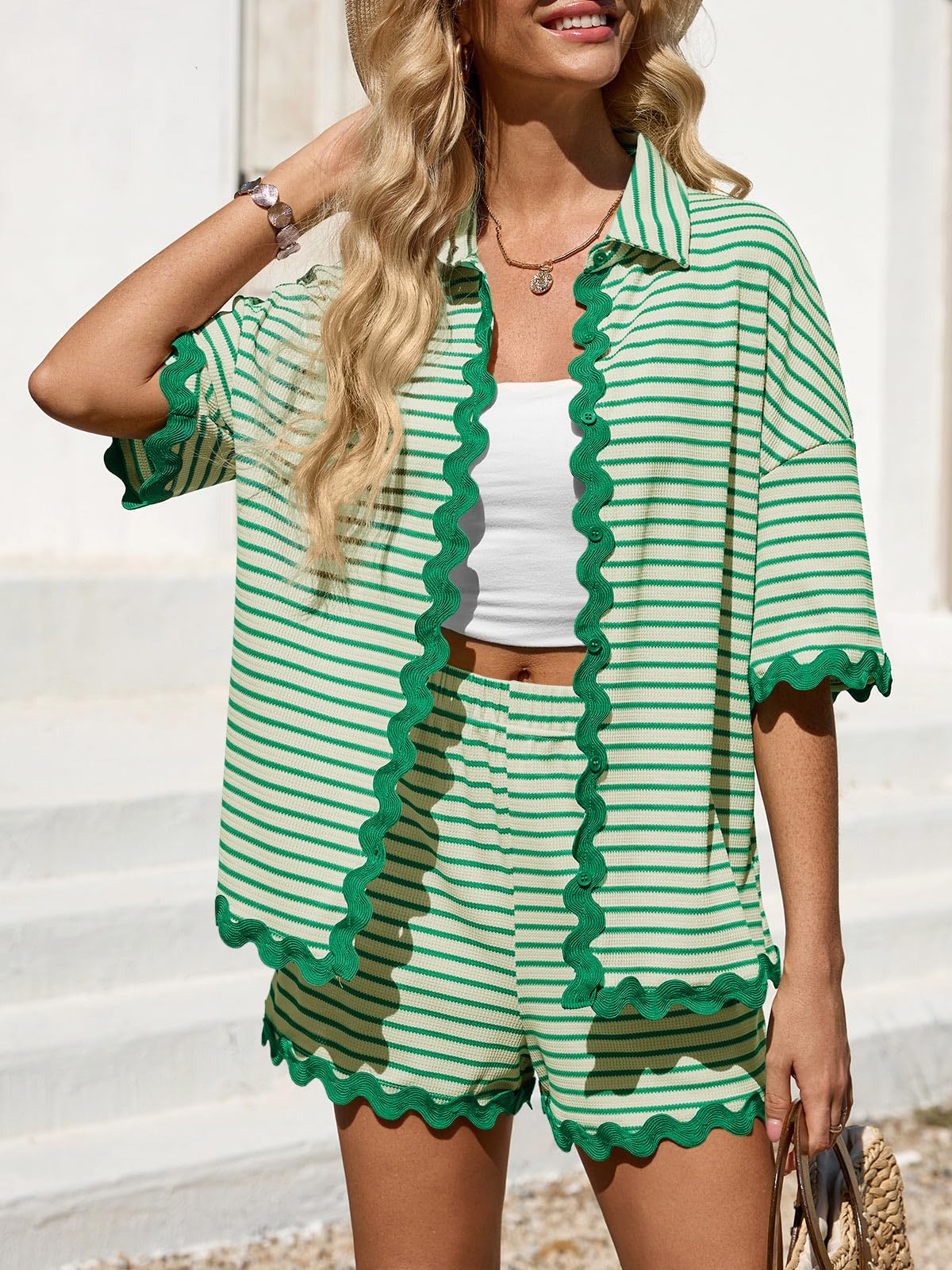 Tankaneo Womens 2 Piece Lounge Set Striped Outfits Short Sleeve Button Down Shirts and Shorts Summer Matching Sets