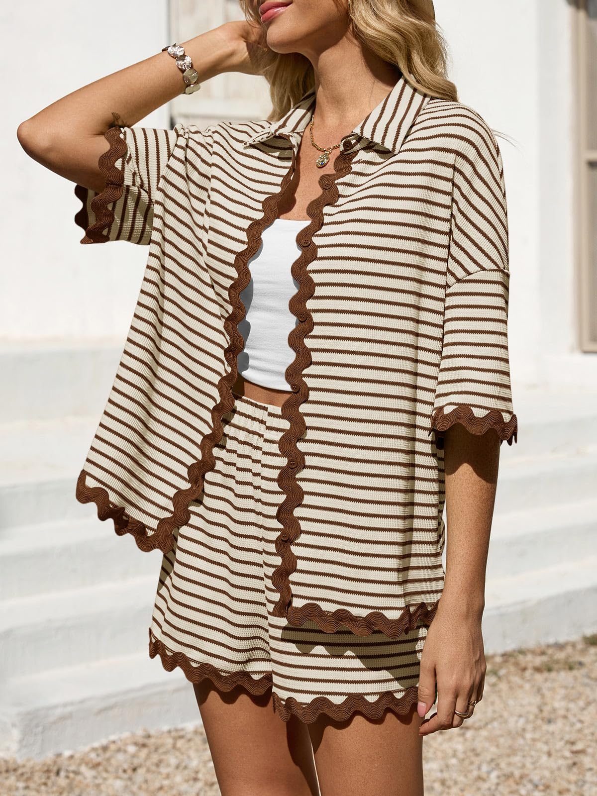 Tankaneo Womens 2 Piece Lounge Set Striped Outfits Short Sleeve Button Down Shirts and Shorts Summer Matching Sets