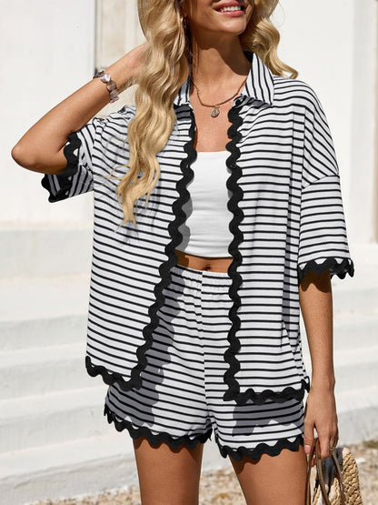 Tankaneo Womens 2 Piece Lounge Set Striped Outfits Short Sleeve Button Down Shirts and Shorts Summer Matching Sets
