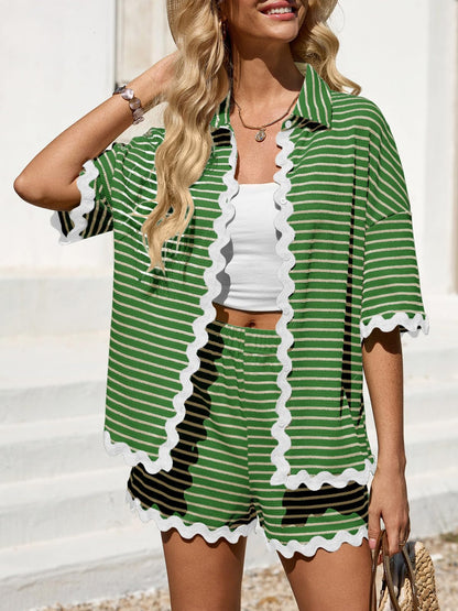 Tankaneo Womens 2 Piece Lounge Set Striped Outfits Short Sleeve Button Down Shirts and Shorts Summer Matching Sets